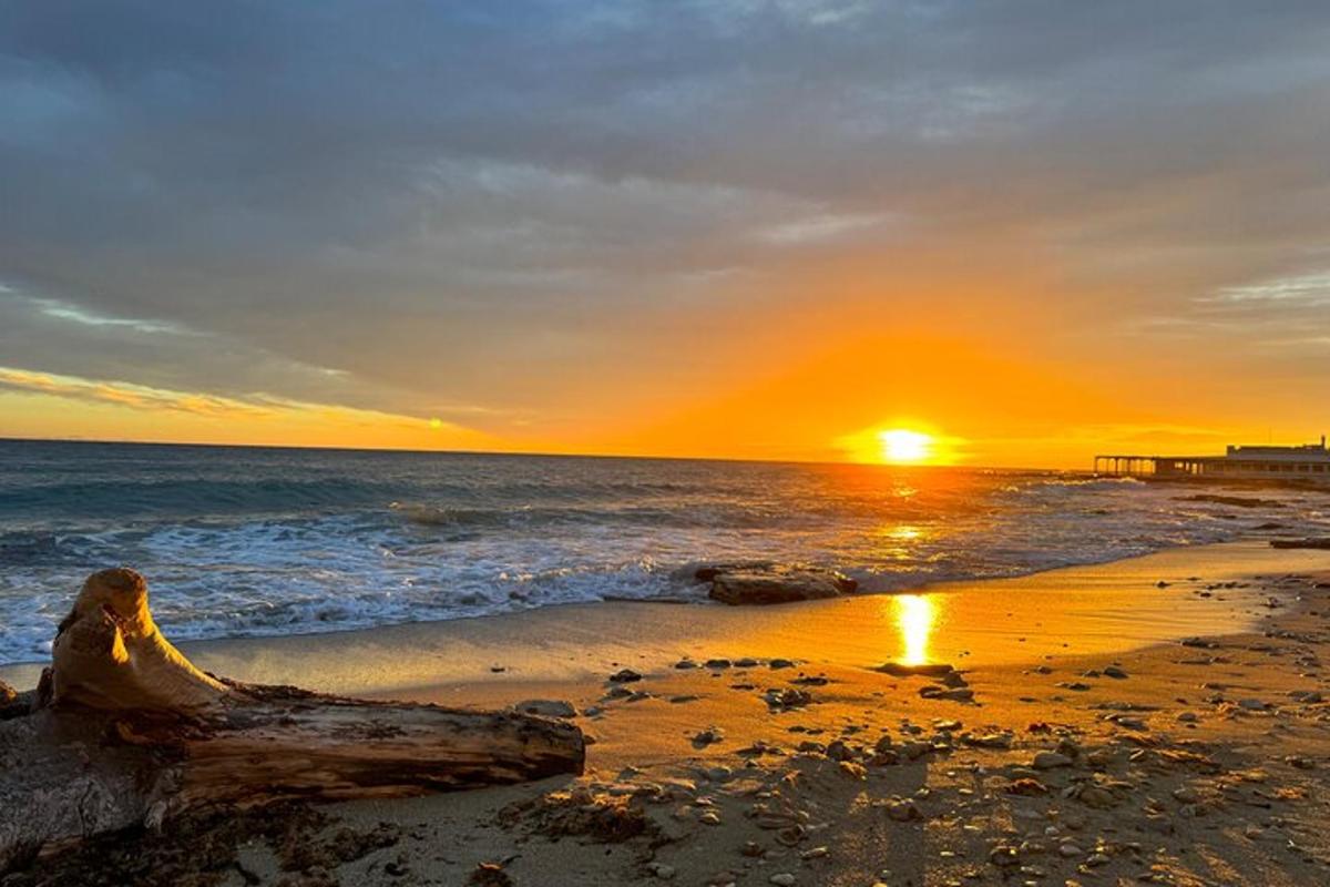 uma mulher sentada na praia observando o pôr do sol