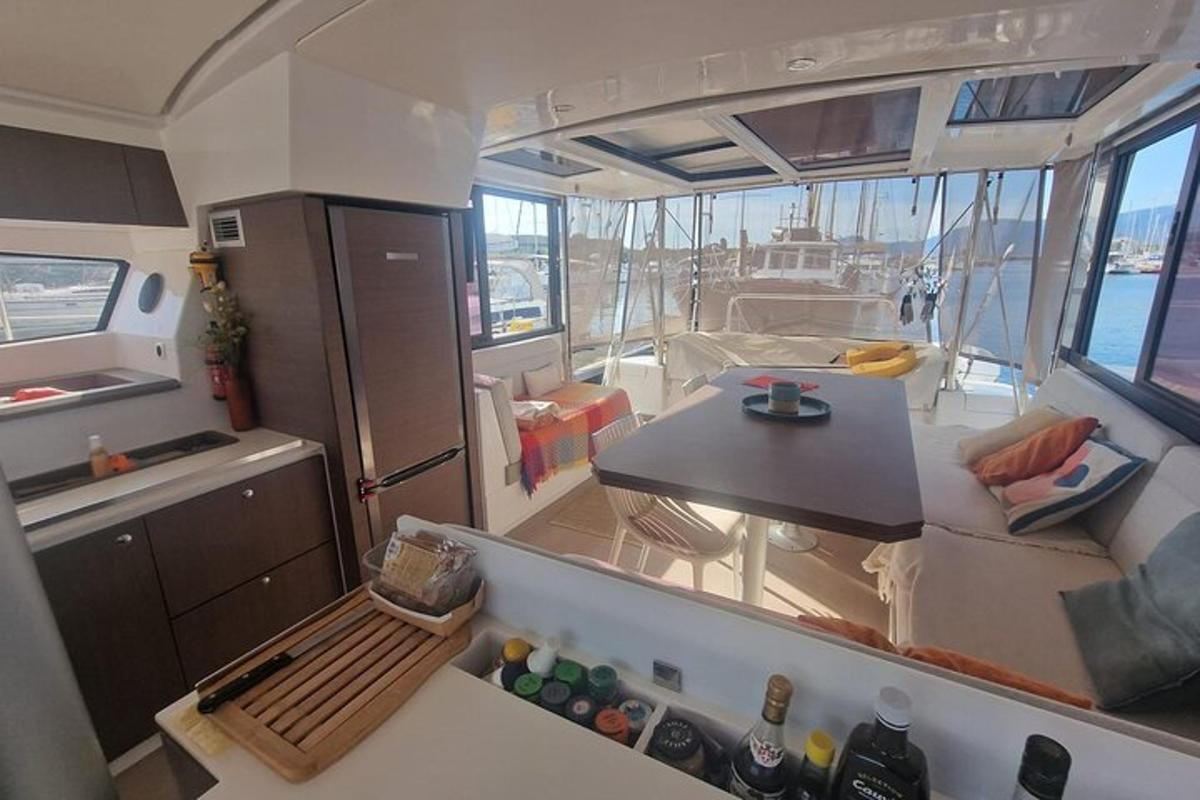 a kitchen and living room on a boat