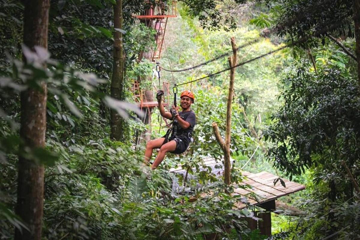 isang lalaki sa isang zip line sa gubat