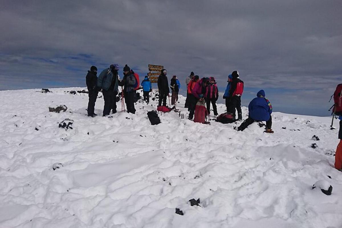 un gruppo di persone in piedi sulla cima di una montagna coperta di neve