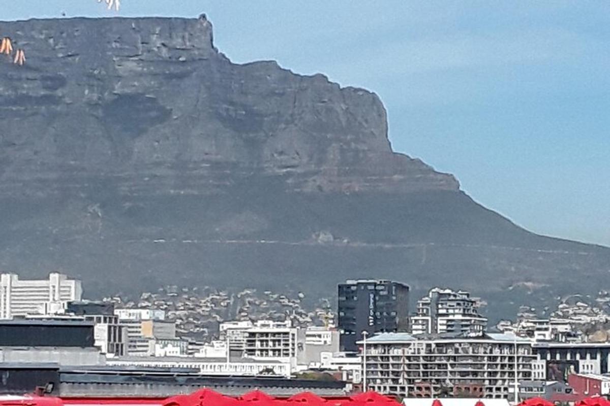 una vista di una città con una montagna sullo sfondo