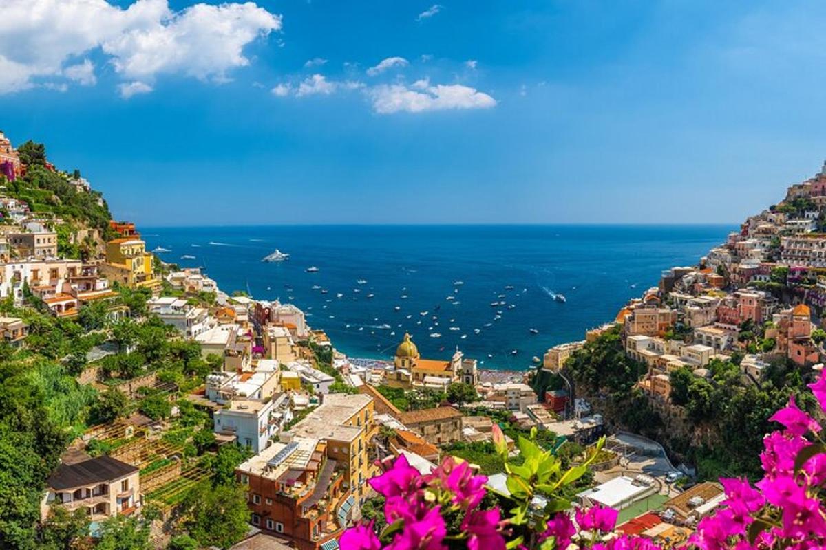 una vista di una città su una collina con fiori