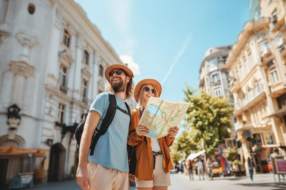 a man and woman standing on a street holding a map
