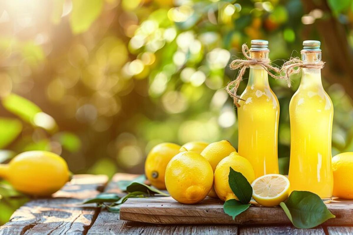 Dvě lahve citronové šťávy a citrony na dřevěném stole
