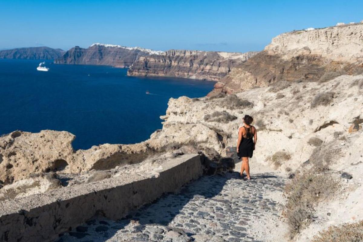 eine Frau, die auf einer Klippe steht und auf das Wasser blickt