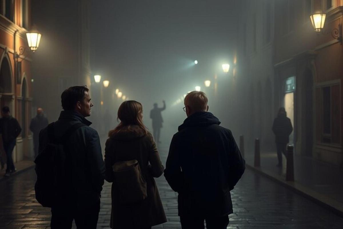 un grup de persones dempeus en un carrer enmig de la boira