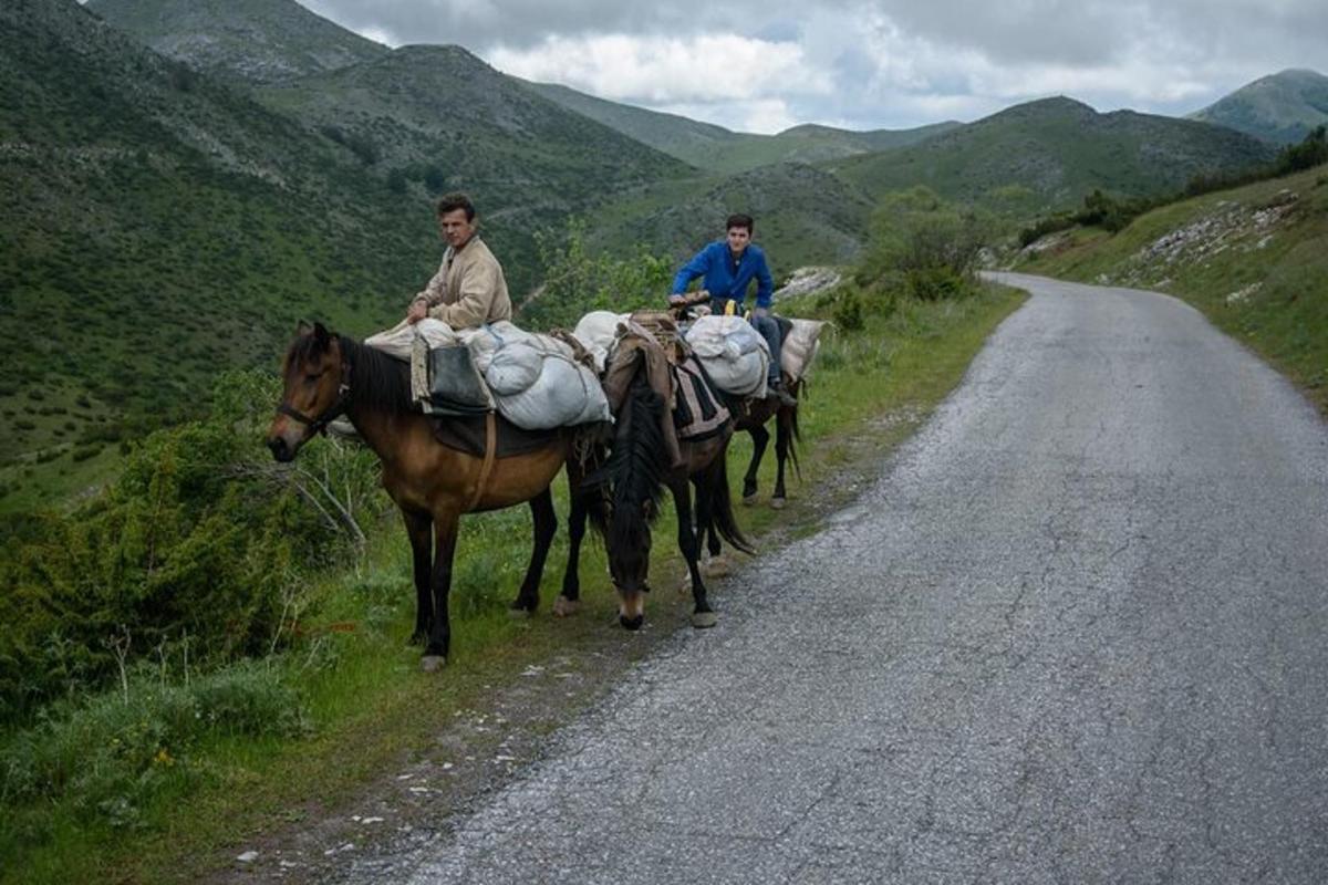 two people riding horses on a dirt road