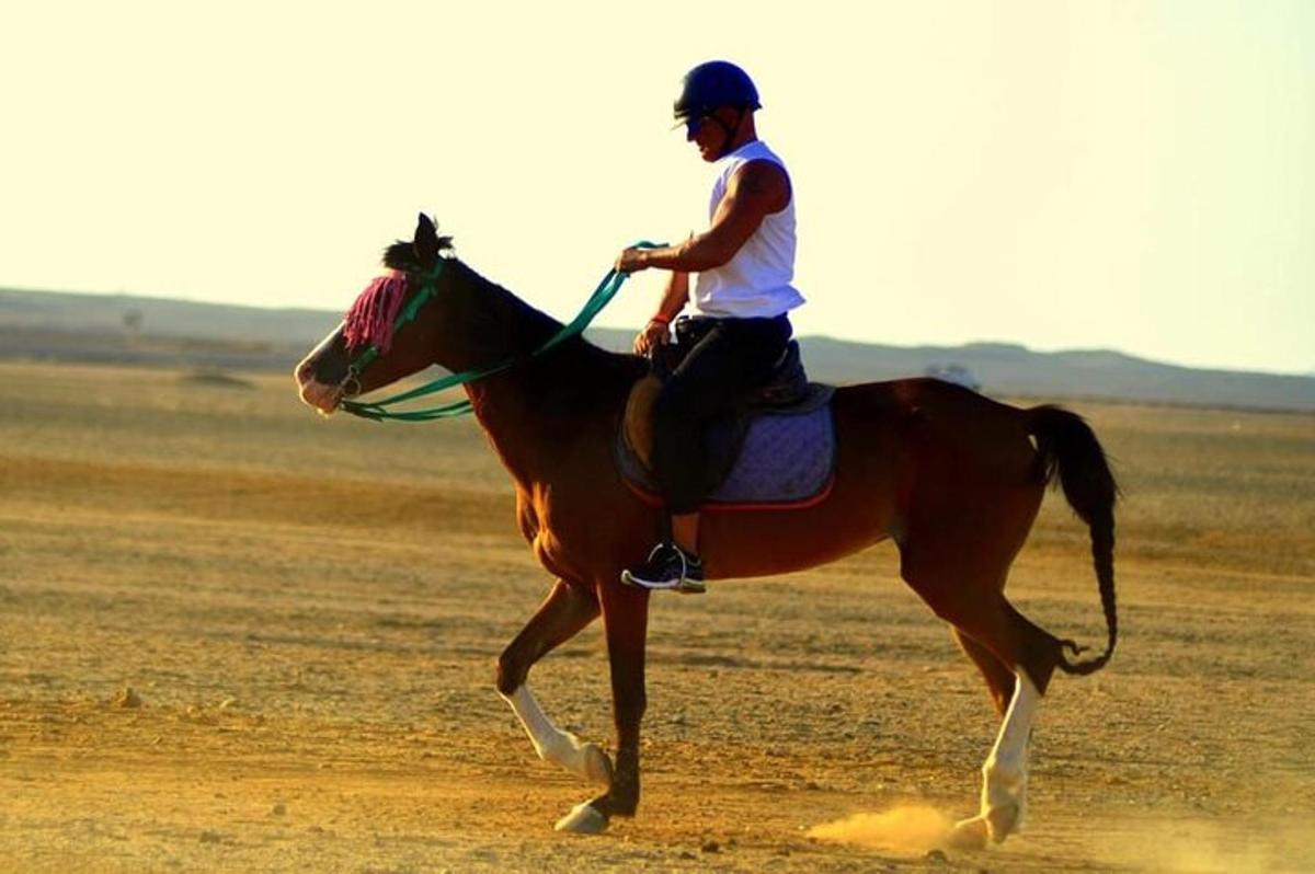 a man riding a horse in the desert