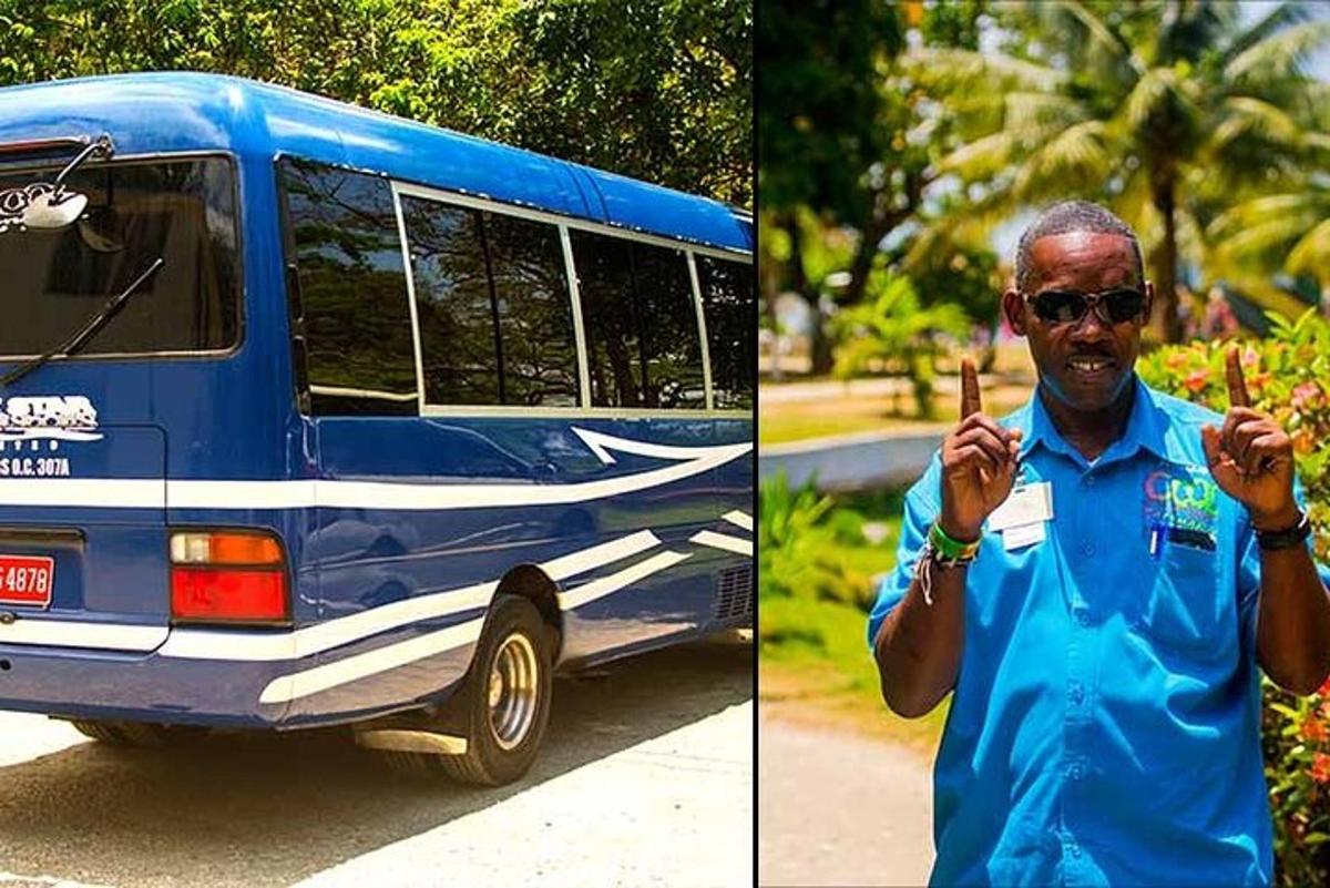 seorang pria berdiri di depan bus