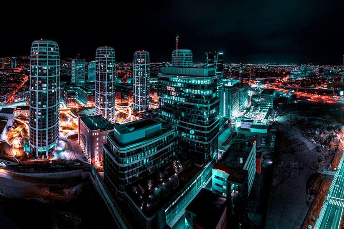 a view of a city at night with lights
