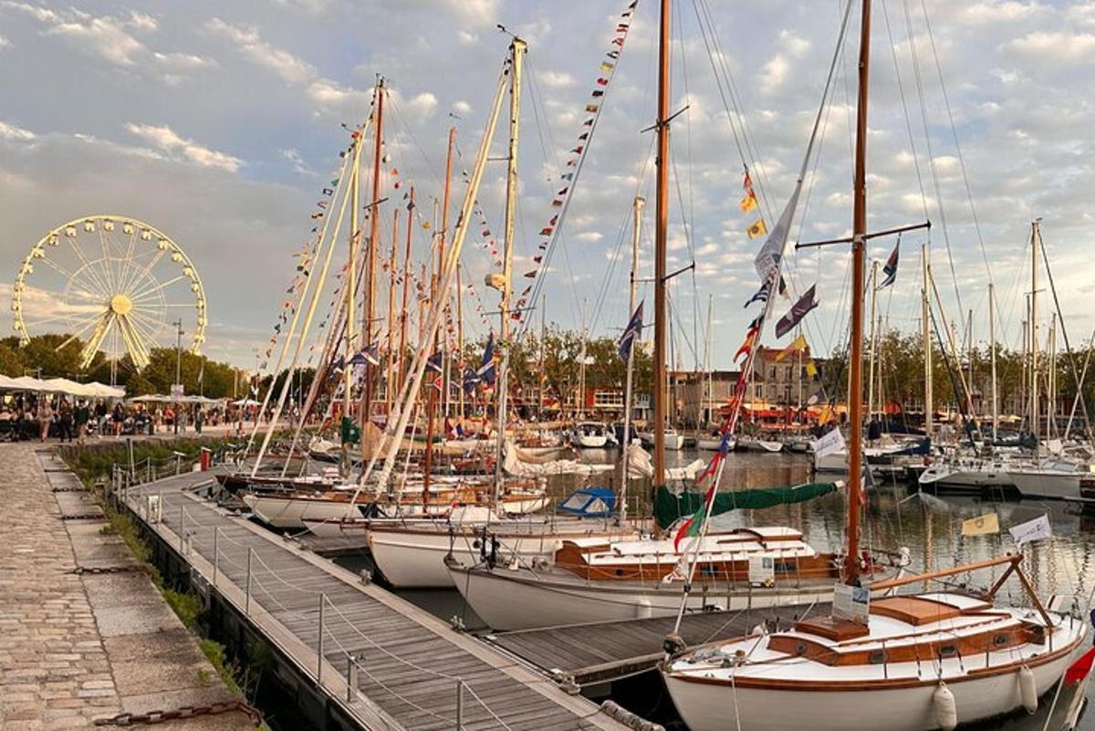 a bunch of boats docked in a harbor with a ferris wheel