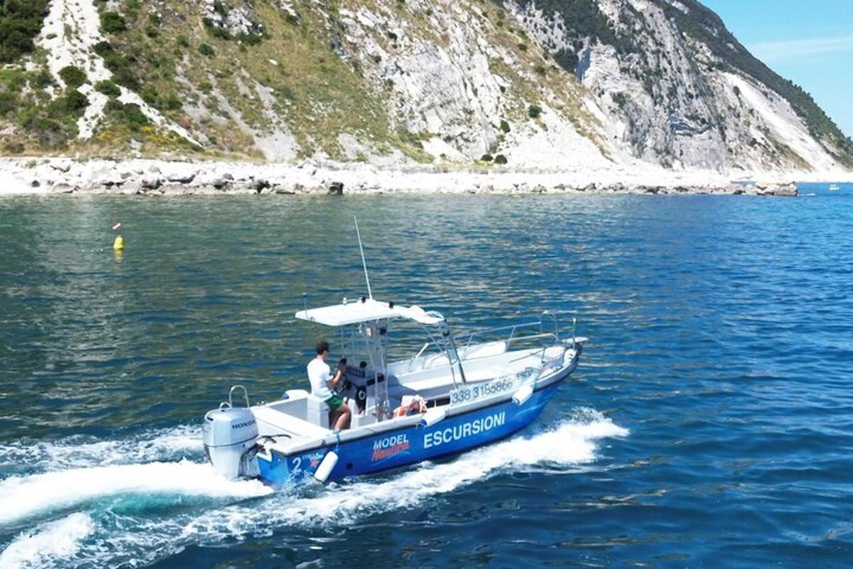 a blue and white boat in the water