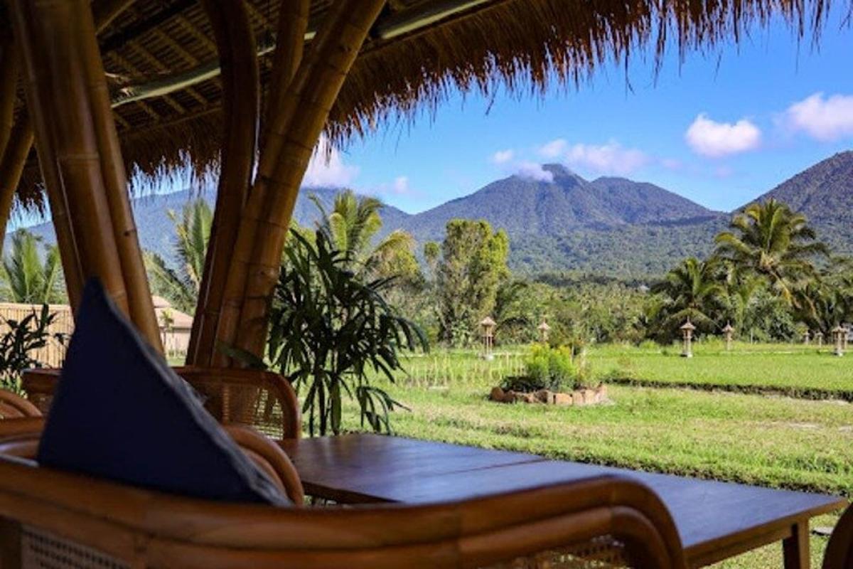 uma mesa com vista para um campo e montanhas