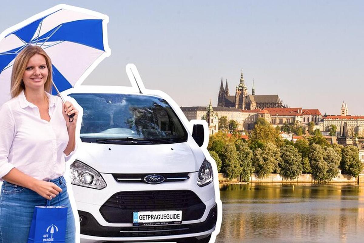 a woman standing next to a white van with an umbrella