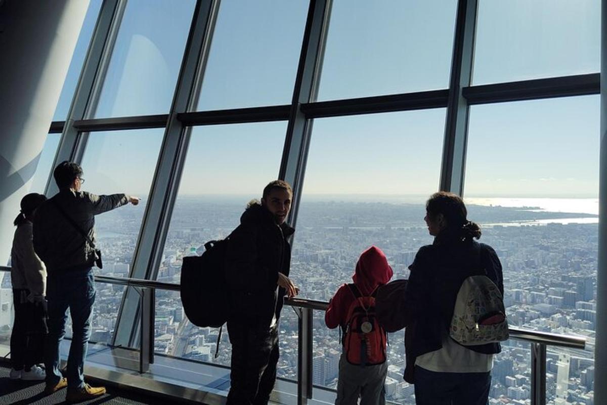 Un grupo de personas de pie en lo alto de una torre de observación.