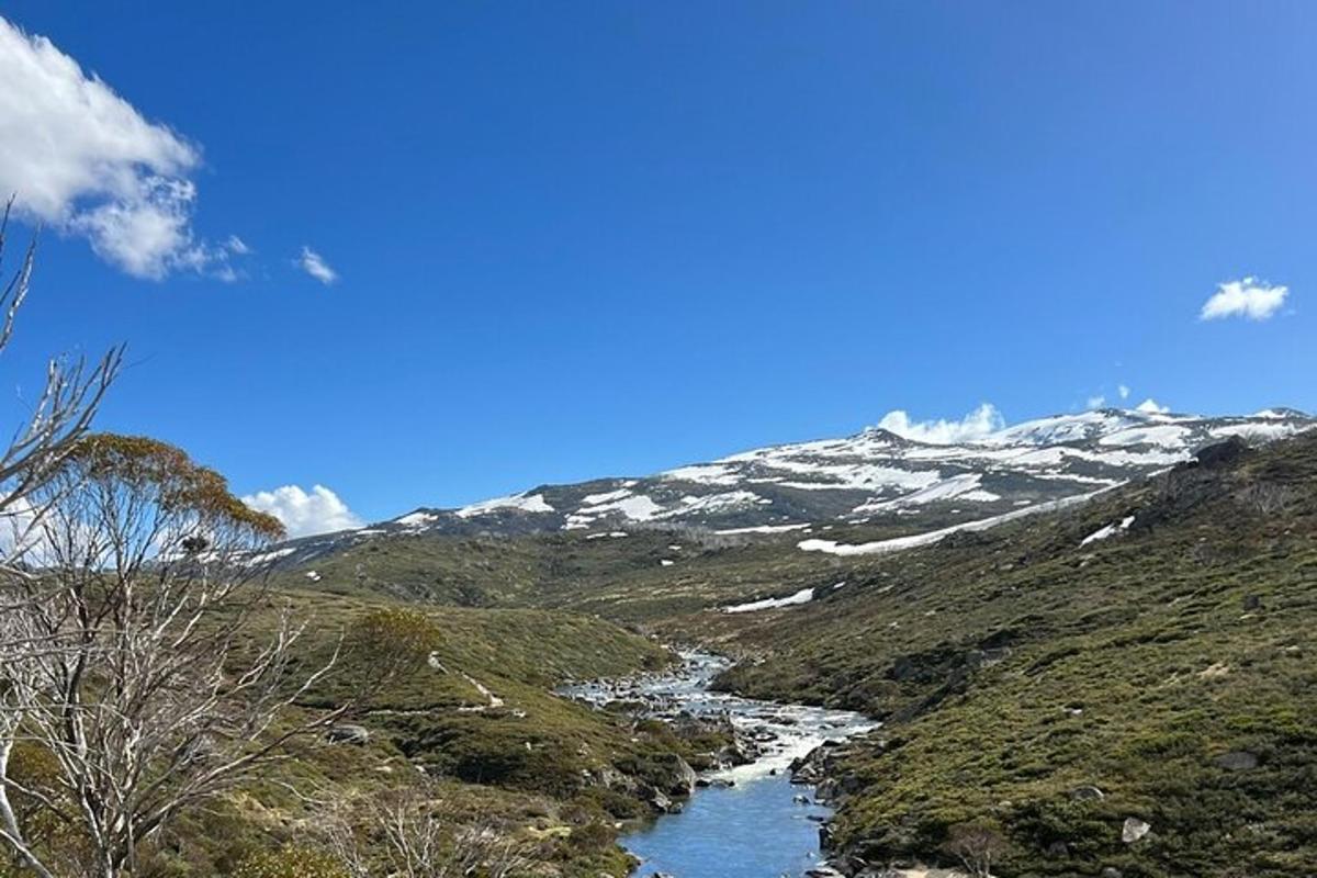 a view of a snowy mountain with a river