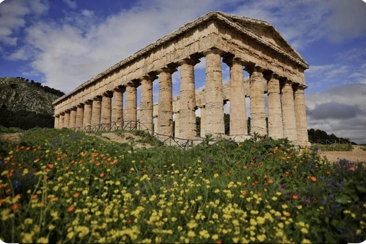 a building with columns and a field of flowers
