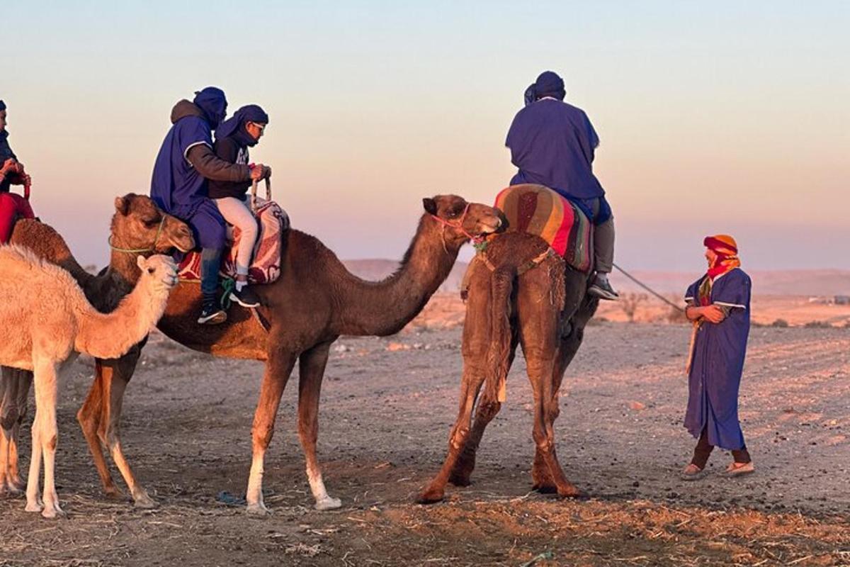 a group of people riding on camels in the desert