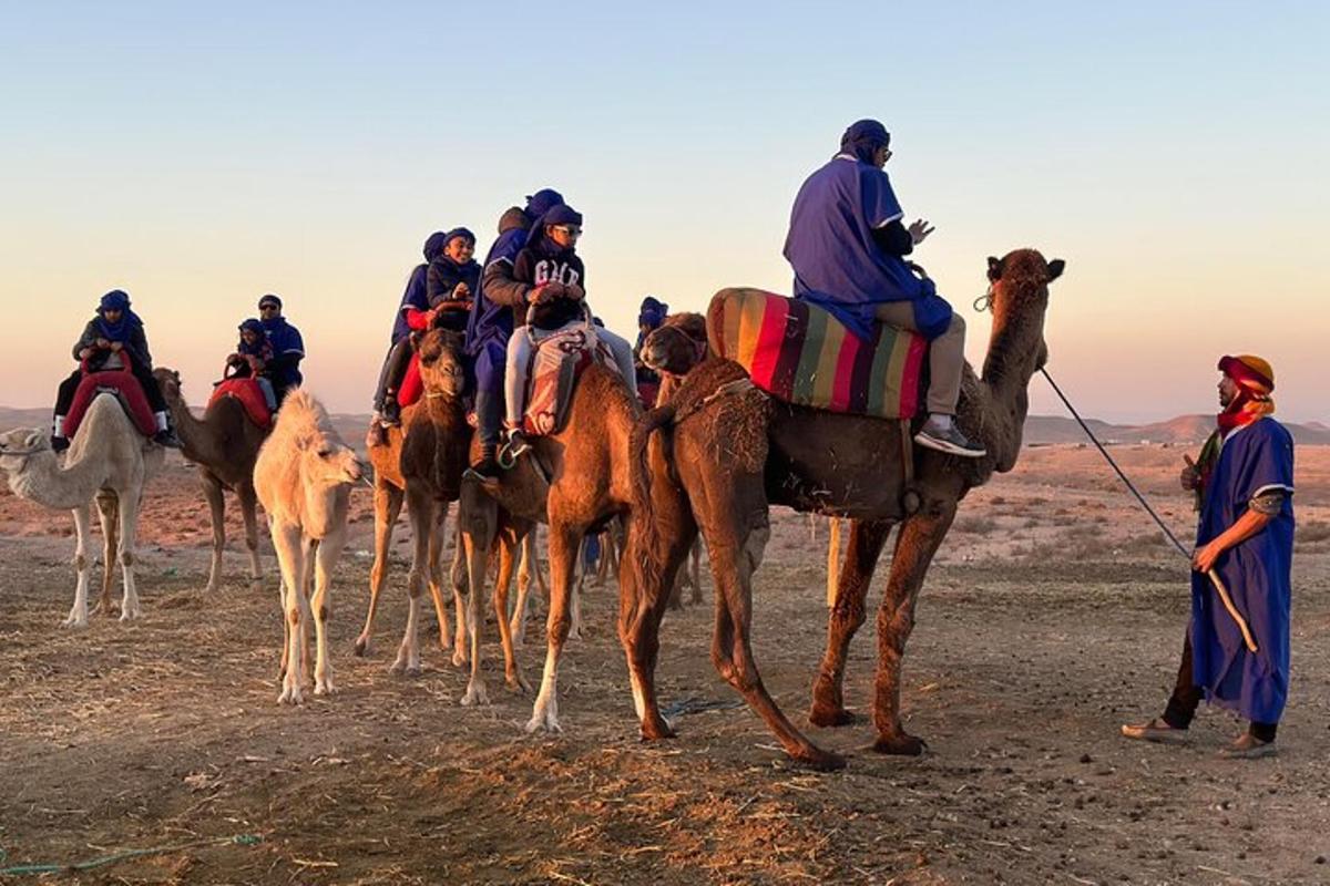 a group of people riding on camels in the desert