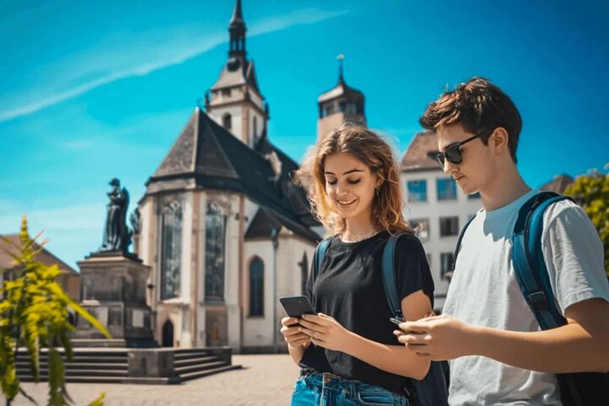 muž a žena se dívají na mobilní telefon