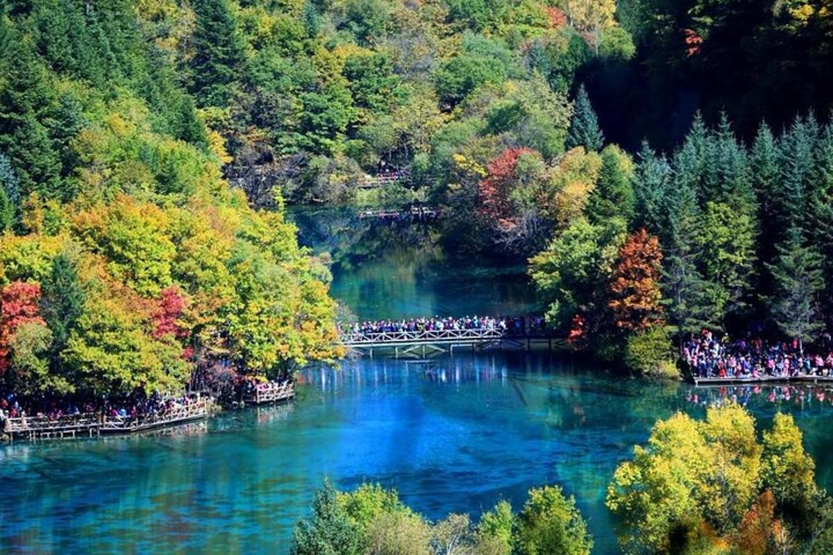 a large group of people walking across a river