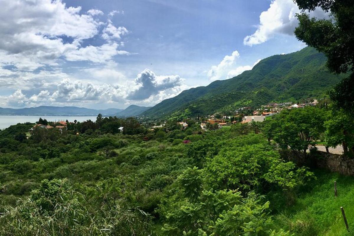 uma cidade em uma colina próxima a um corpo d'água