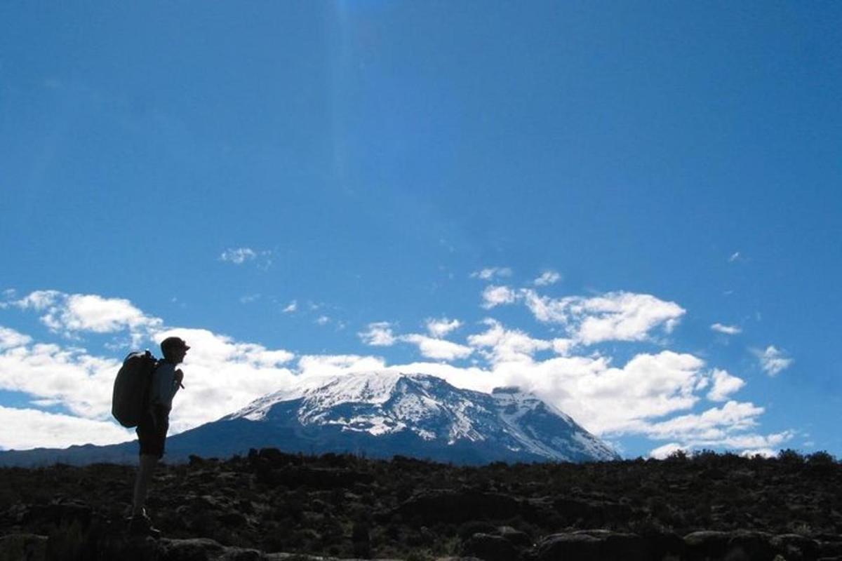 seorang lelaki berdiri di atas batu dengan gunung yang dilitupi salji