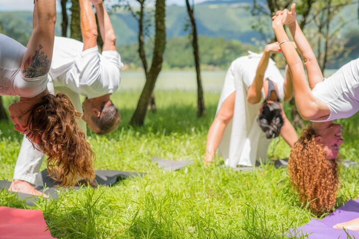 a group of people doing yoga in the grass