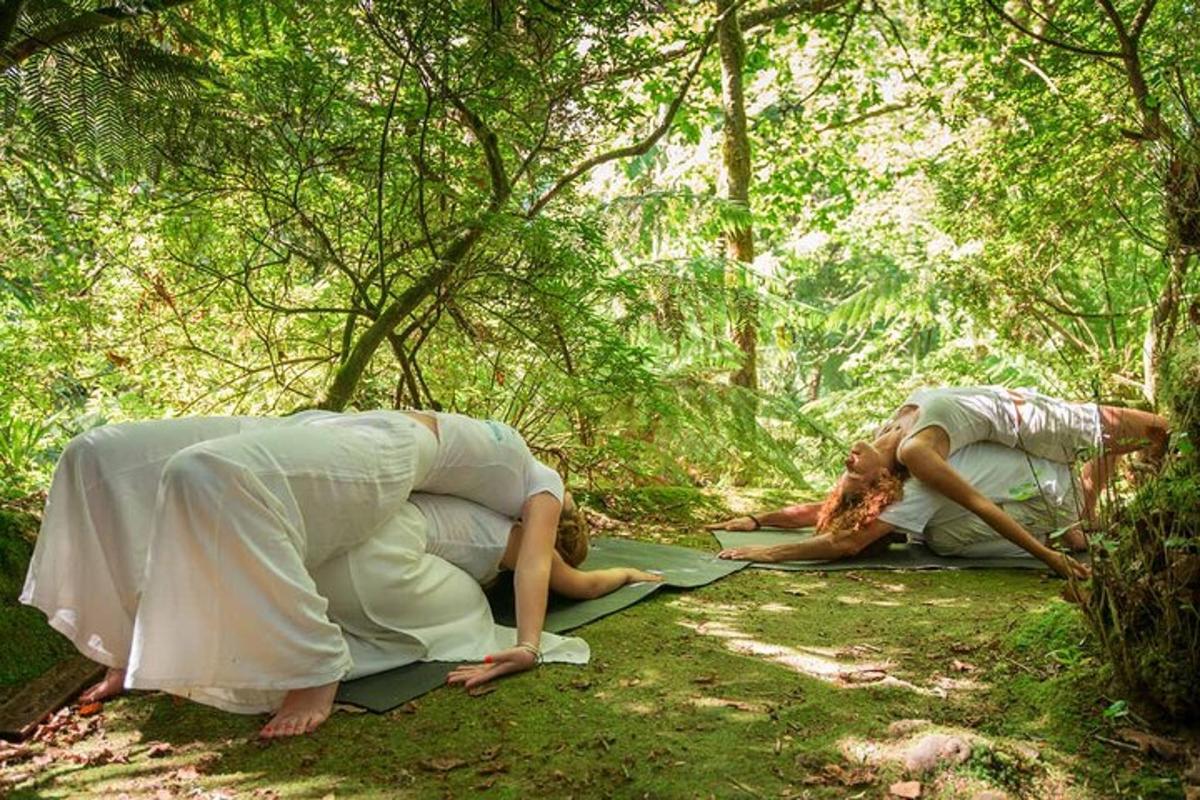 two people laying on mats in a forest