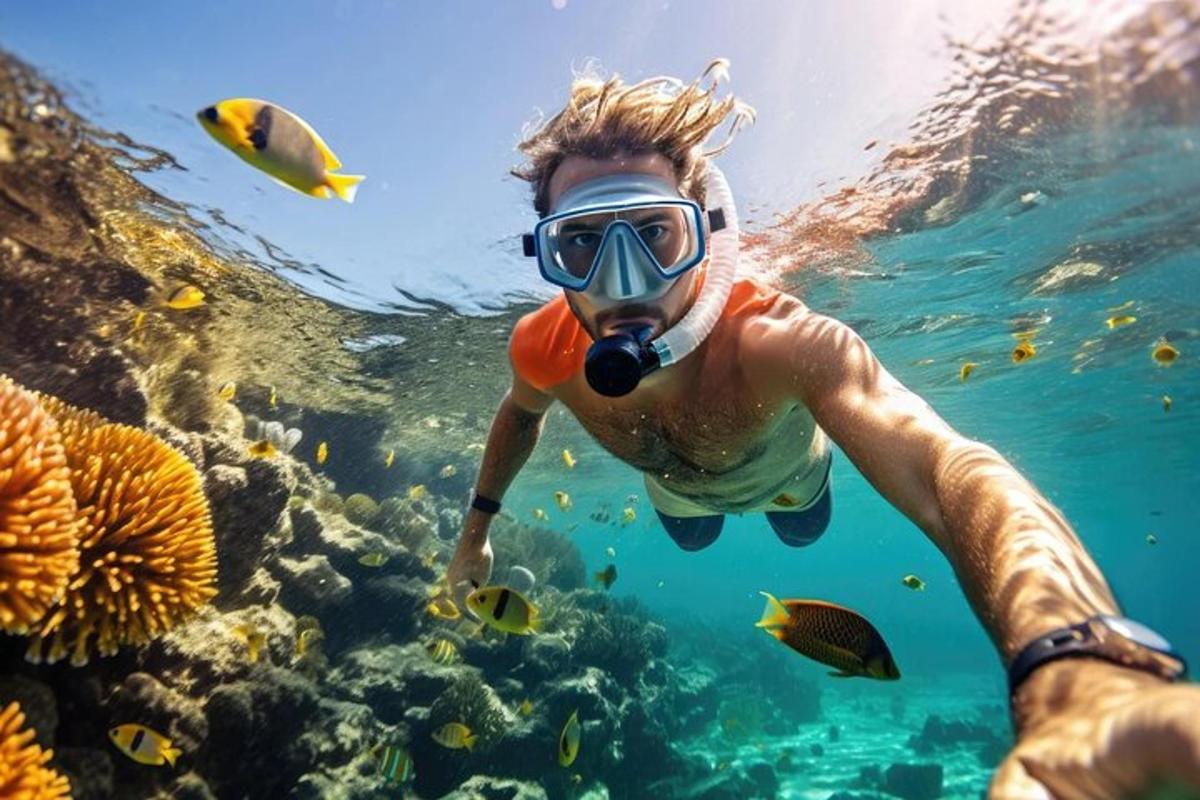 un bărbat cu snorkel și un scafandru în apă