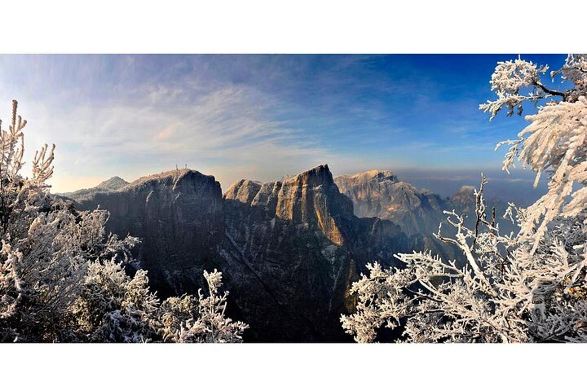 a view of a mountain range with snow covered trees