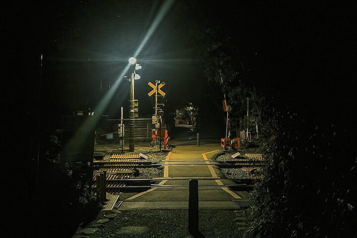 uma vista de uma estação de trem à noite