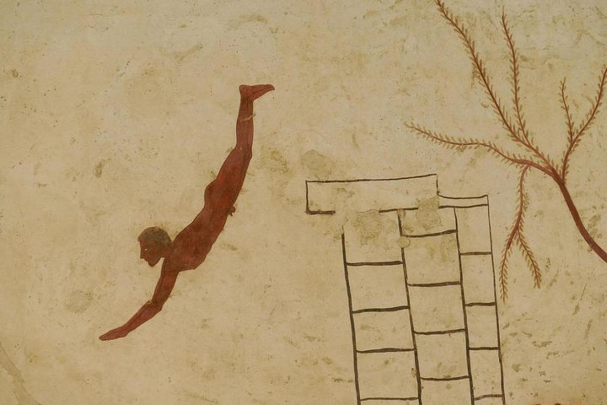 una pintura d'un home que es capbussa a una piscina