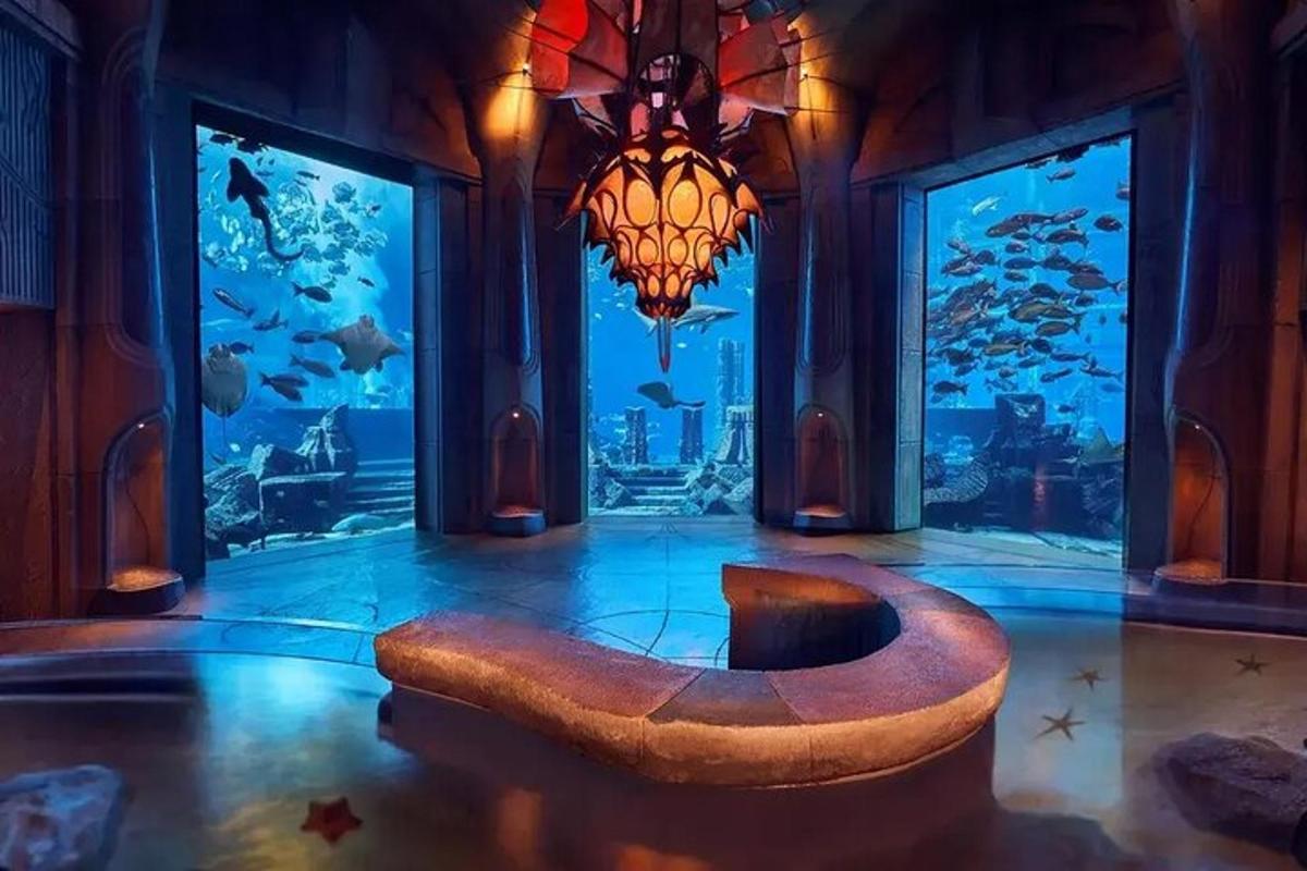 a room with an aquarium with a large chandelier