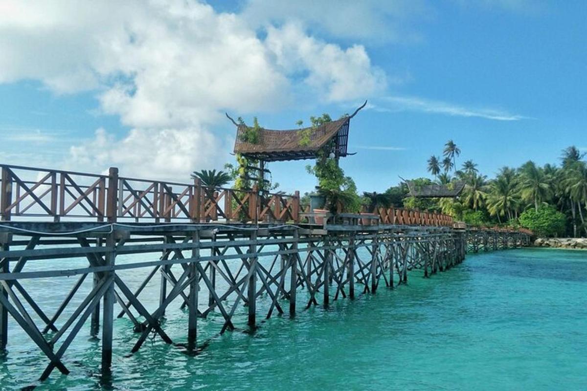 a wooden pier in the water on a beach