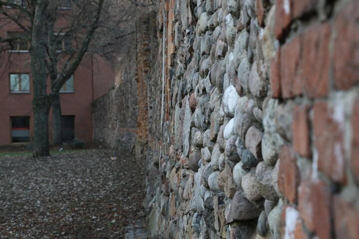 Una pared de ladrillos con un árbol y un edificio.