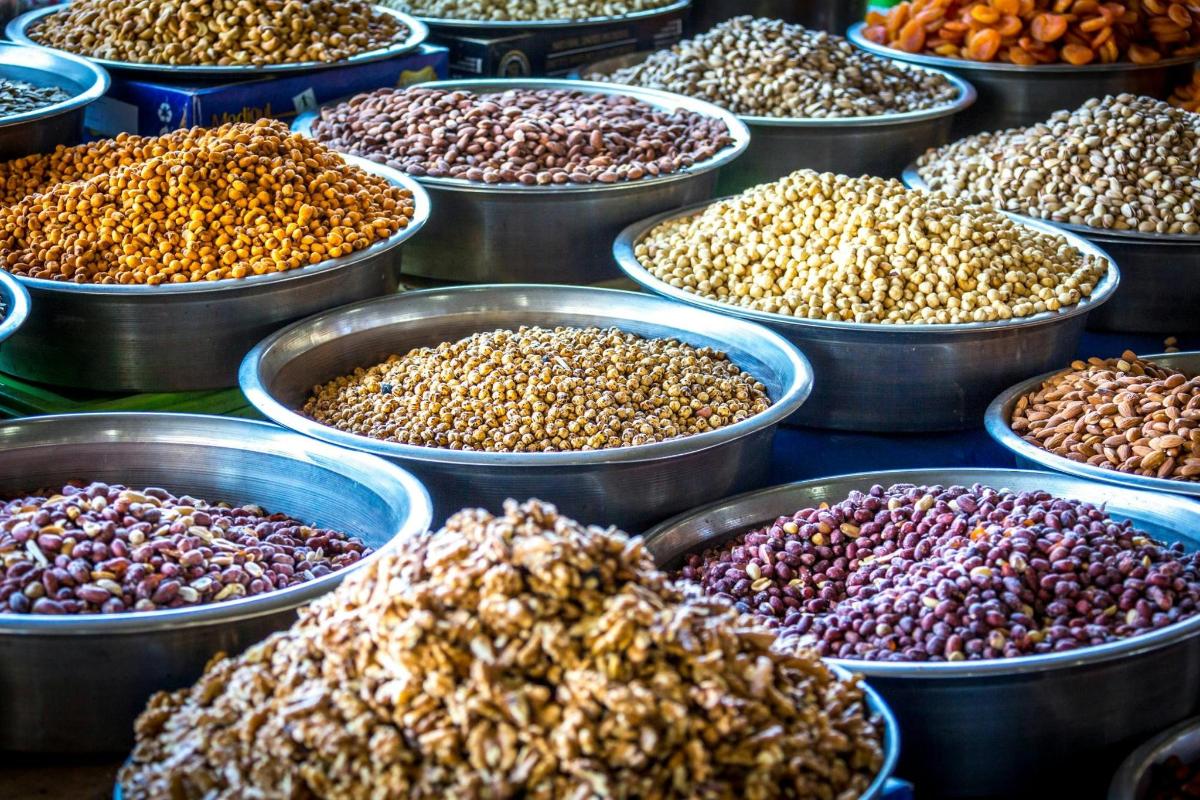 a display of different types of nuts and dried fruits