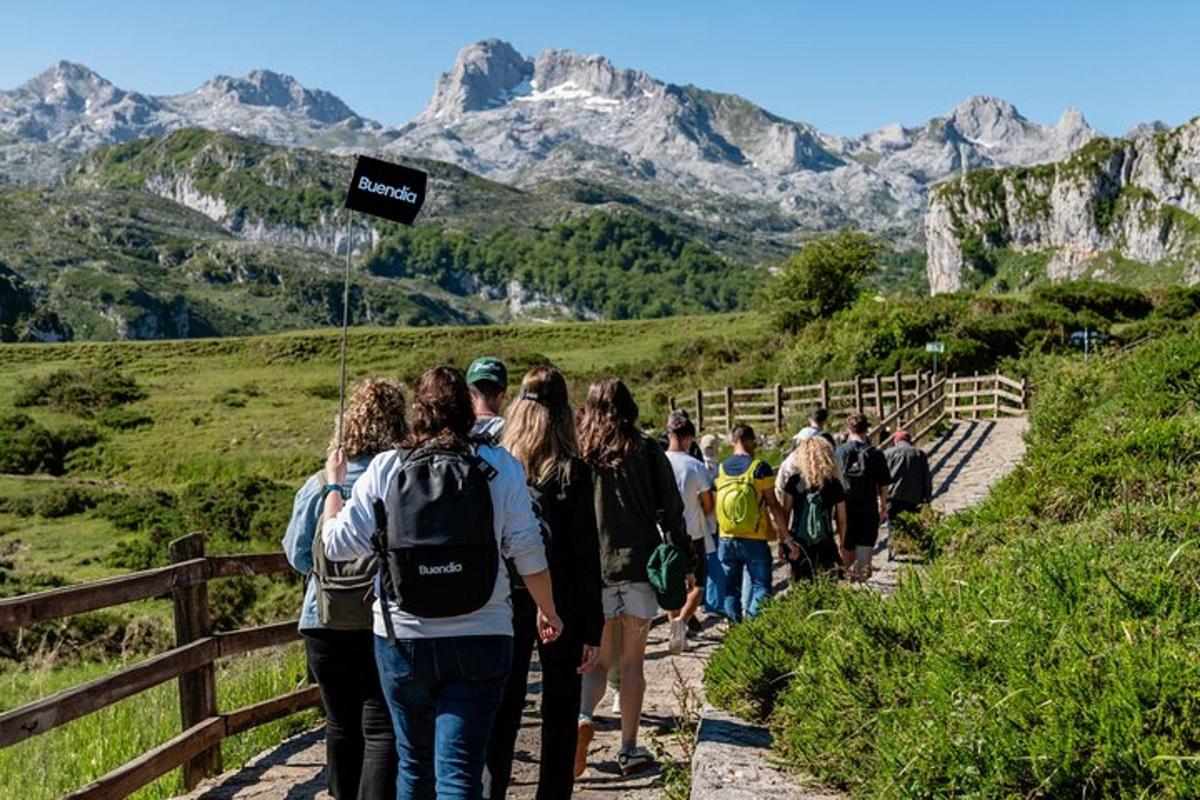 a group of people walking down a mountain trail