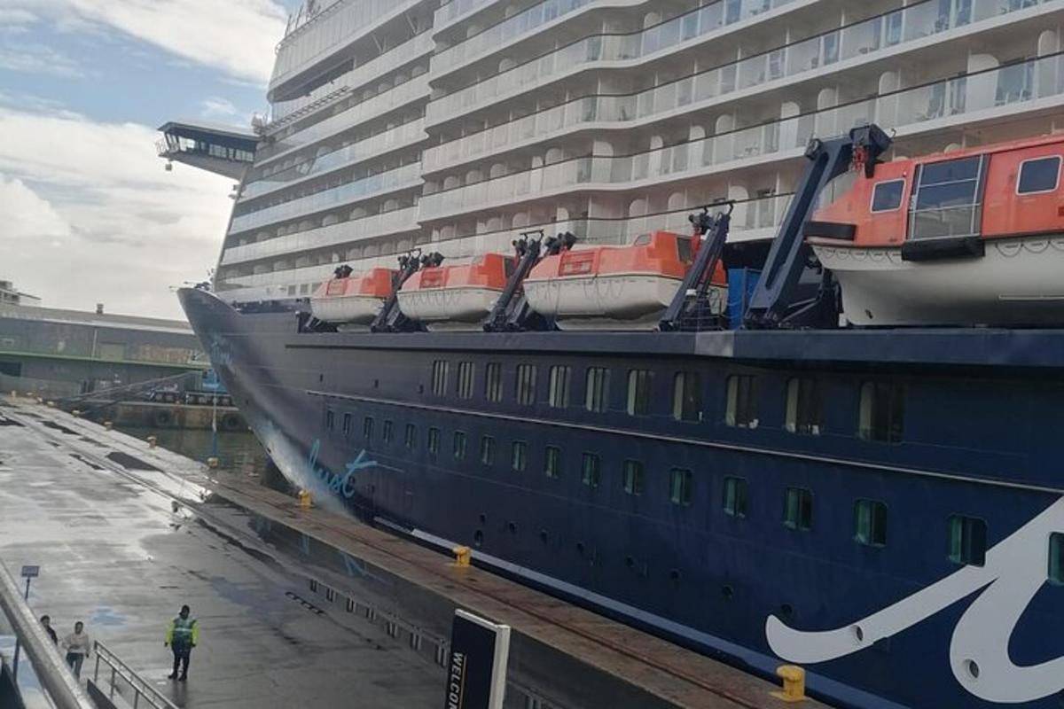 Ein großes Kreuzfahrtschiff liegt an einem Dock