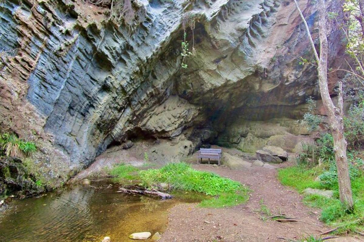 a bench sitting in front of a cliff next to a river