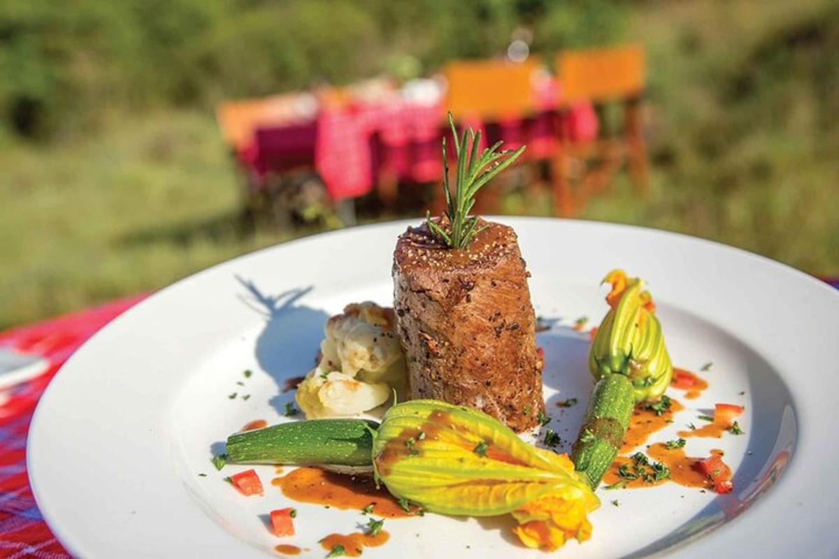 bijeli tanjur s komadom mesa i povrća