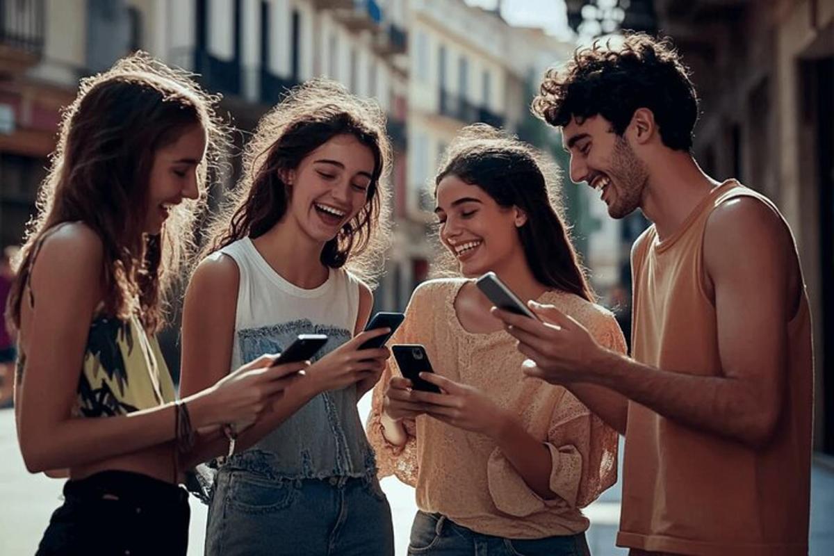 um grupo de pessoas olhando para seus celulares