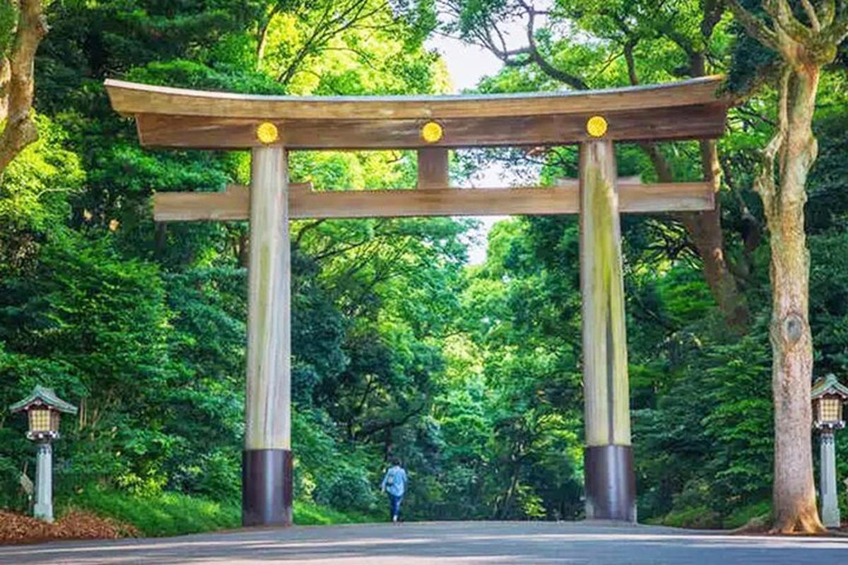 公園の鳥居と人が歩いている