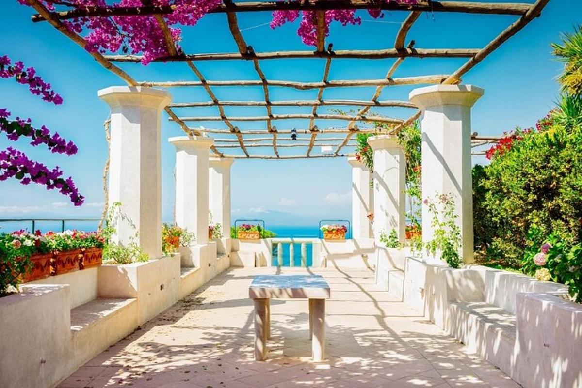 un patio con una sedia blu e bianca e dei fiori