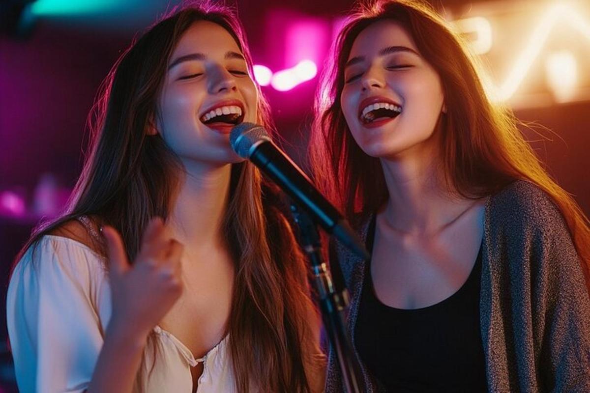 two girls singing into a microphone at a concert