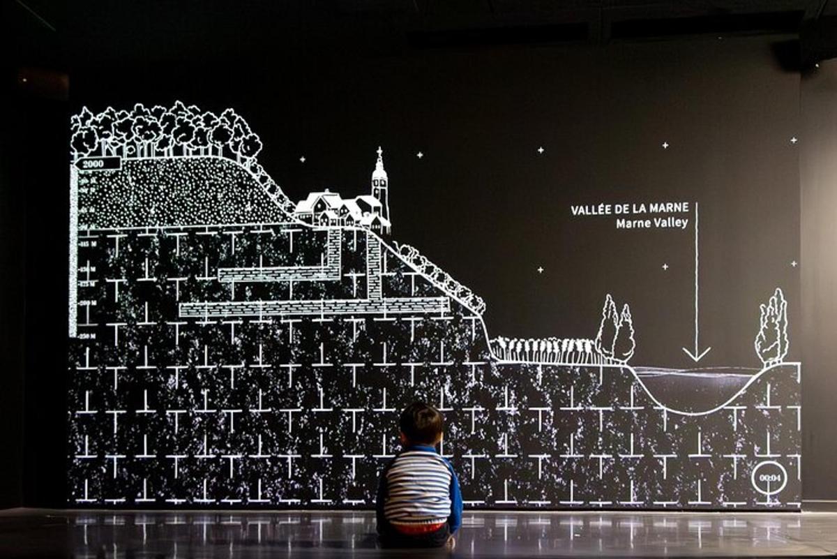 Un hombre sentado en el suelo mirando un escenario con una exhibición.