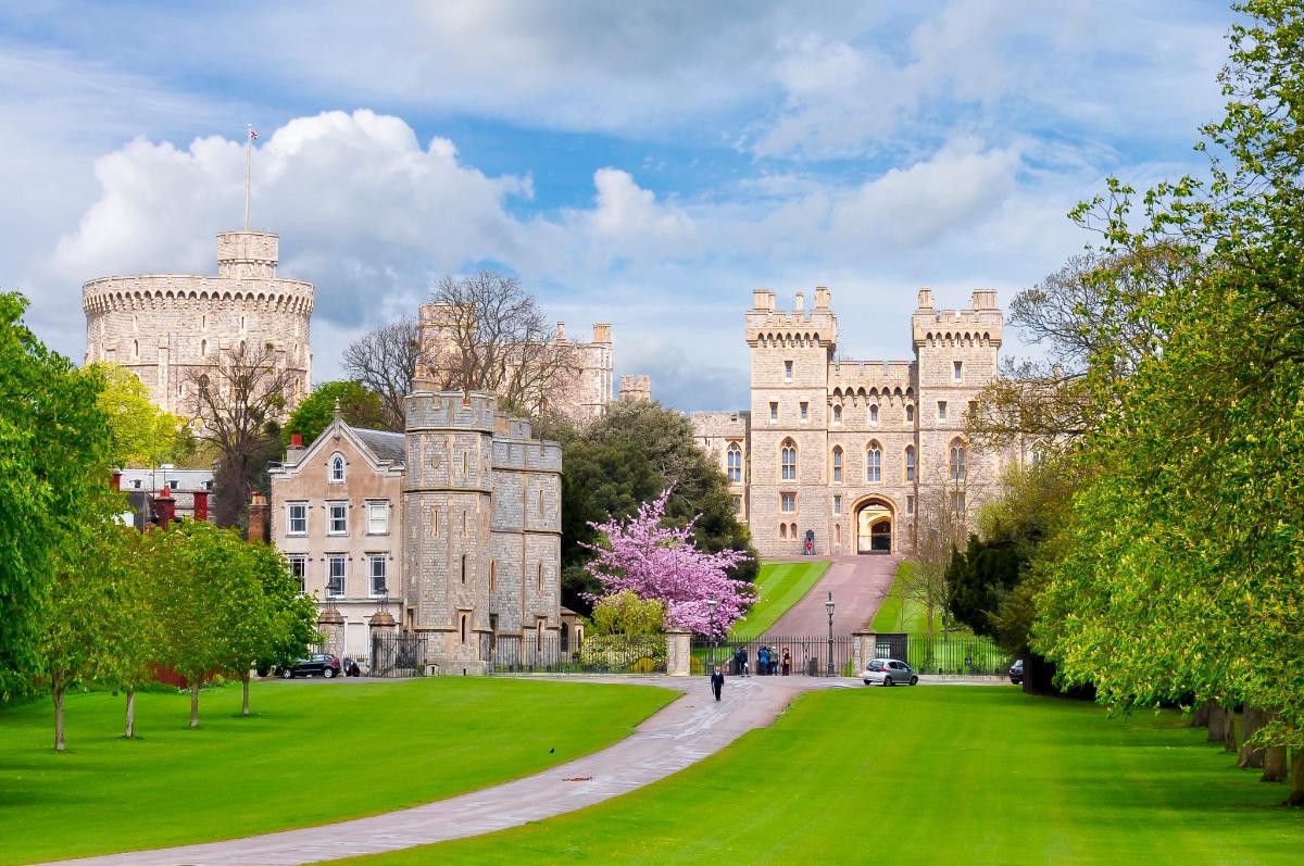 a castle with a green lawn in front of it