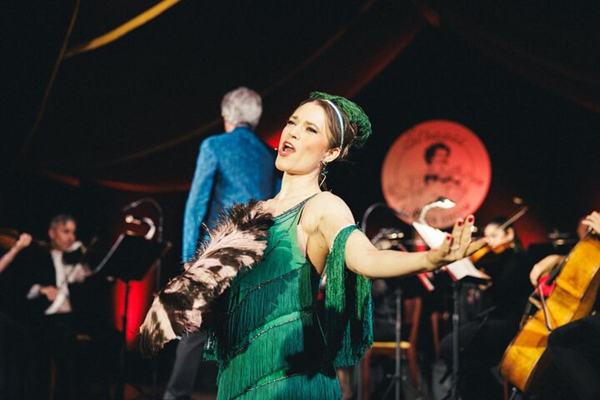 uma mulher de vestido verde se apresentando em um palco