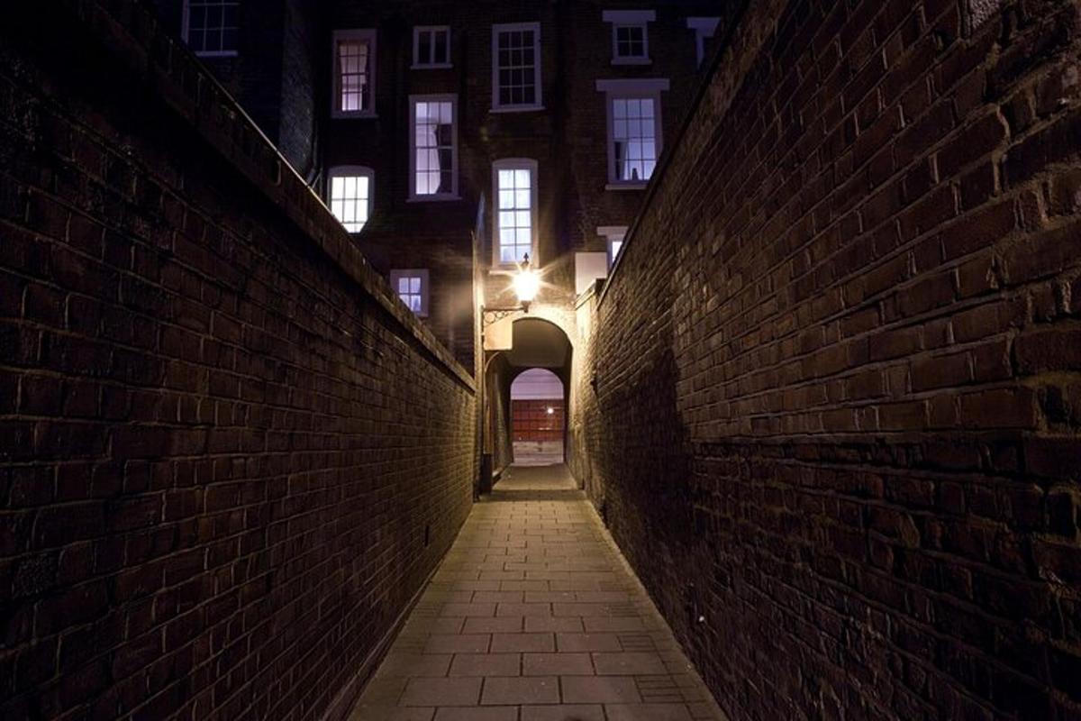 an alley with a brick wall at night