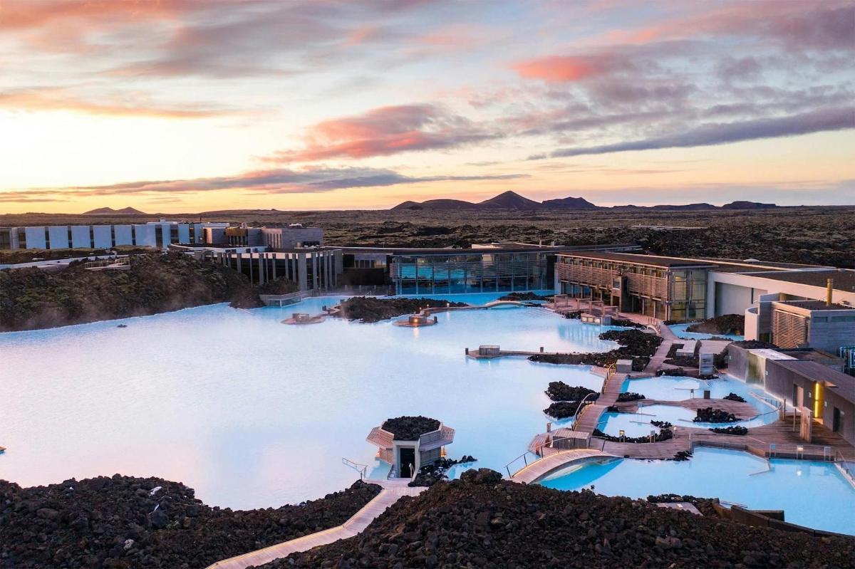 an aerial view of the blue lagoon at a resort
